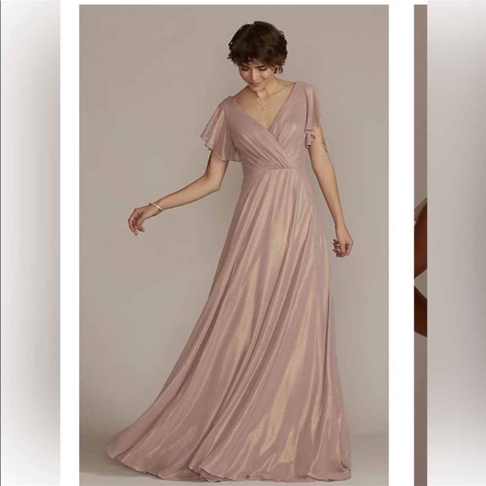 David’s Bridal DB Studio Celebrate Metallic Rose Gold Flutter Sleeve Dress